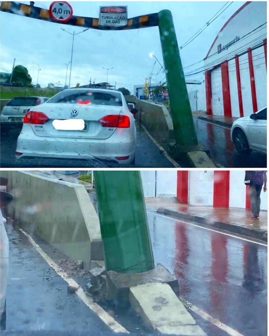 Estrutura de ferro ameaça desabar sobre veículos em passagem subterrânea em Manaus