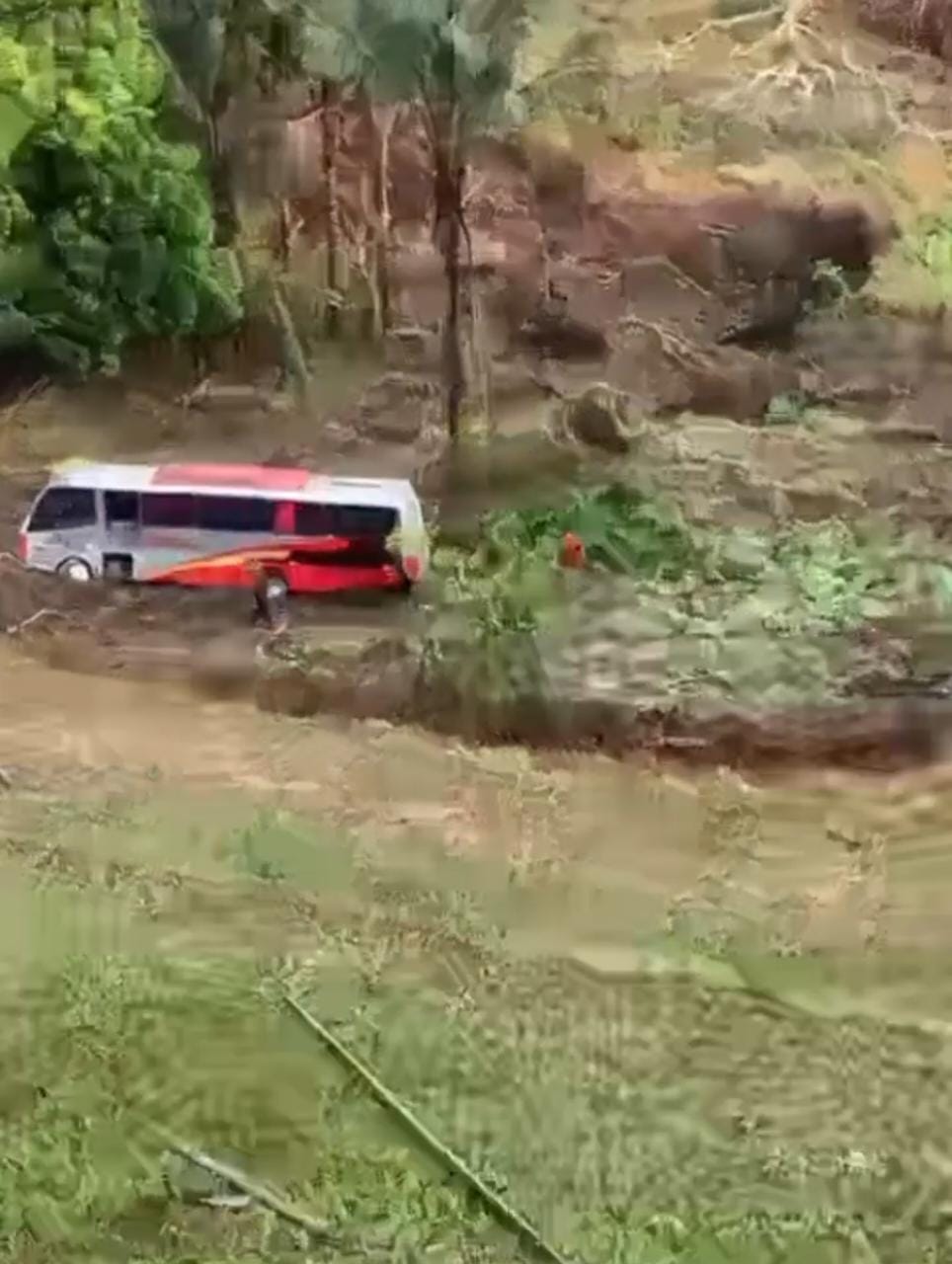 Ônibus de turismo cai de ribanceira ao desviar de motocicleta em Manaus