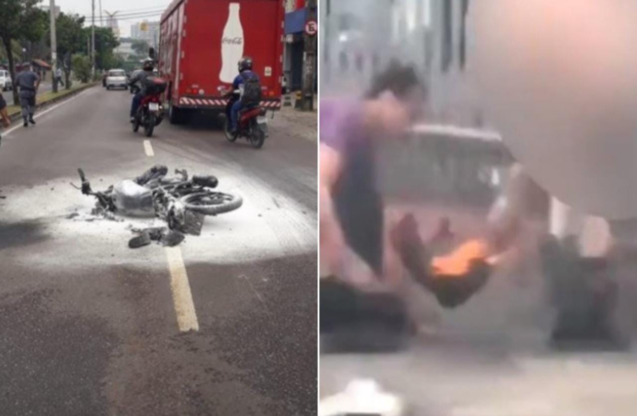 Morre idoso que teve corpo queimado após moto pegar fogo em avenida de Manaus