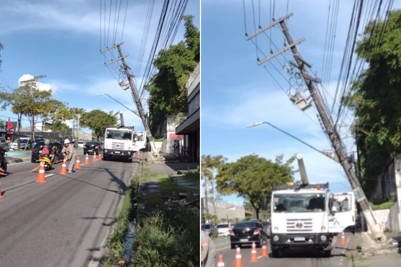Poste de energia ameaça cair e Avenida Efigênio Salles é parcialmente bloqueada
