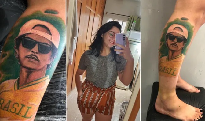 Brasileira tatua rosto de Bruno Mars e cantor compartilha: 'zerei a vida'