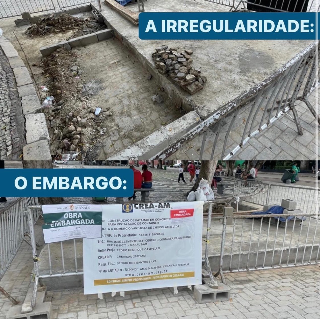 Cacau Show tem obra embargada após danificar largo em frente ao Teatro Amazonas