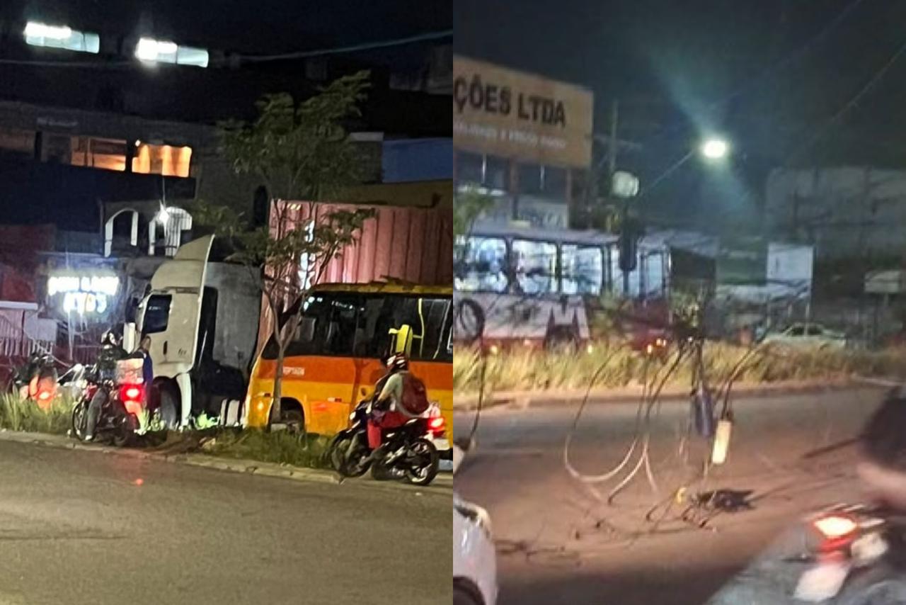 Carreta arranca fiação de poste na Avenida Autaz Mirim