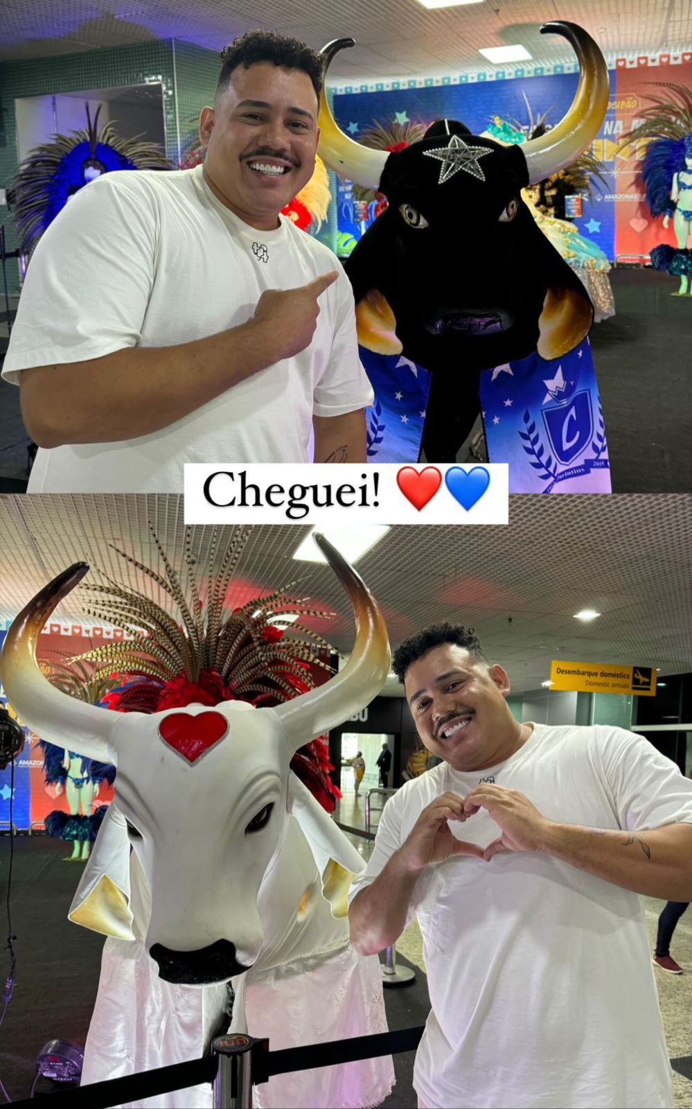 Ex-BBB Lucas Buda posa ao lado de Caprichoso e Garantido ao chegar em Manaus