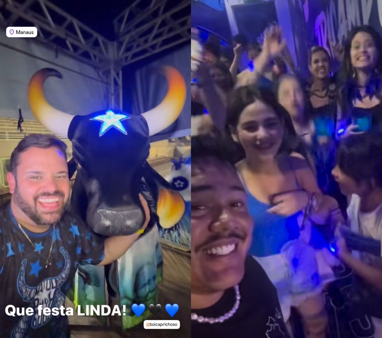 Ex-BBBs Michel e Buda marcam presença na festa da vitória do Boi Caprichoso