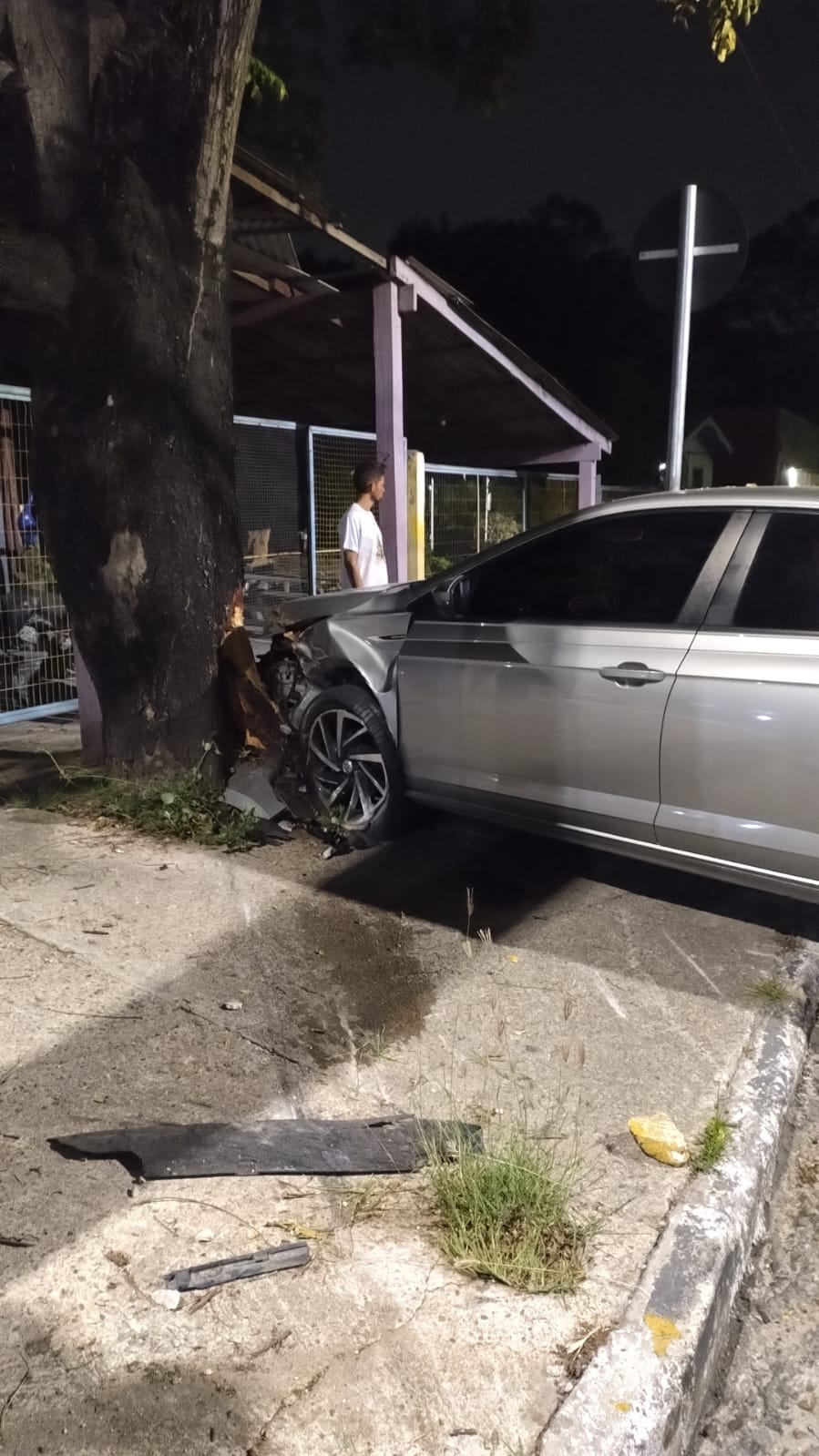 Carro desgovernado atinge árvore e portão de casa na Avenida das Torres