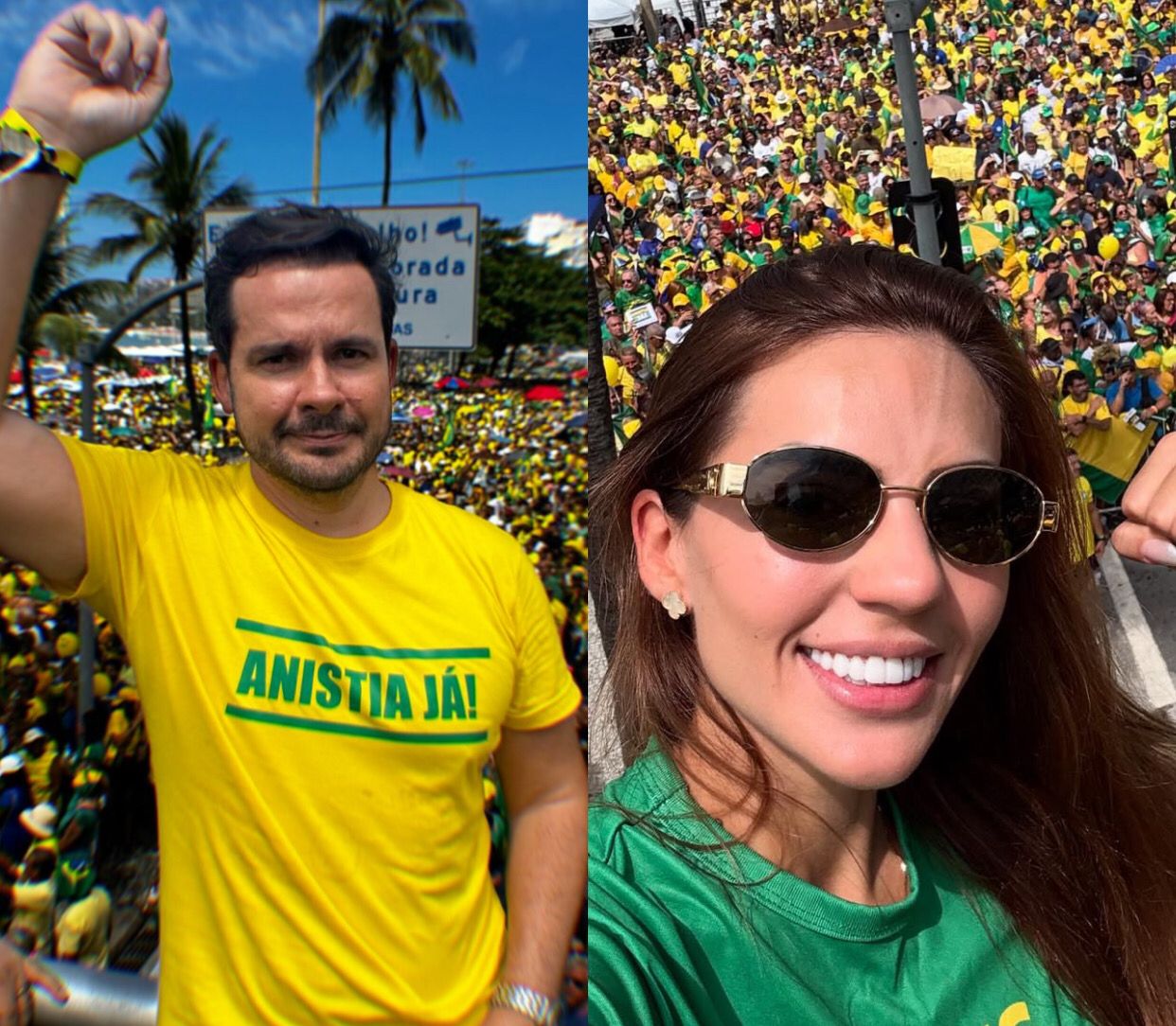 Alberto Neto e Débora Menezes participam de ato por anistia com Bolsonaro em Copacabana