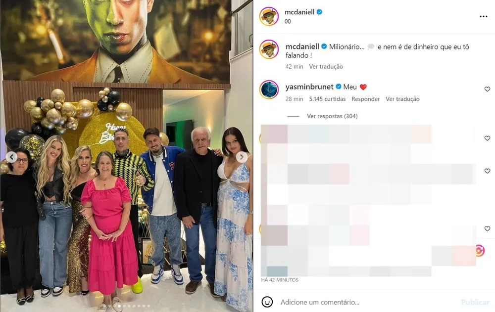 É namoro? MC Daniel posta foto de Yasmin Brunet com família e modelo deixa comentário romântico