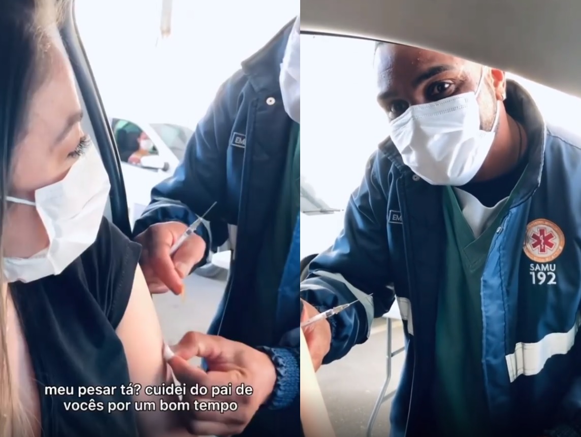 Em vídeo emocionante, irmã de Yudy é vacinada por enfermeiro que cuidou do pai: 'meu pesar'