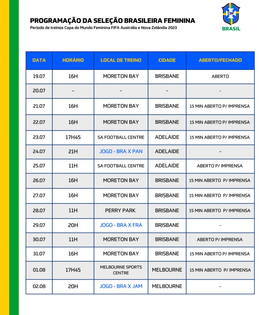 Programação da seleção brasileira na Copa do Mundo Feminina 2023