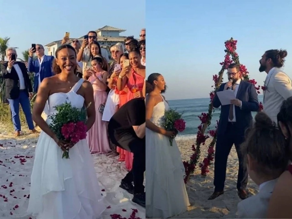 Sheron Menezzes e Saulo Camelo se casam em praia do Rio de Janeiro