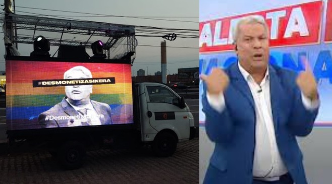 Caminhão com alto falante protesta contra Sikêra Jr. em frente à RedeTV!