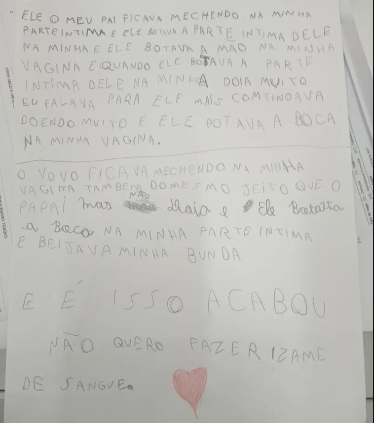Criança de 9 anos revela em carta ser estuprada por pai e avô: 'Doía muito'
