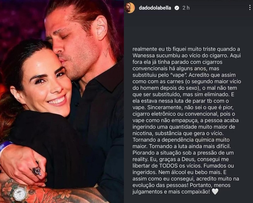 Dado Dolabella diz que ficou triste ao ver Wanessa "sucumbindo ao vício" 