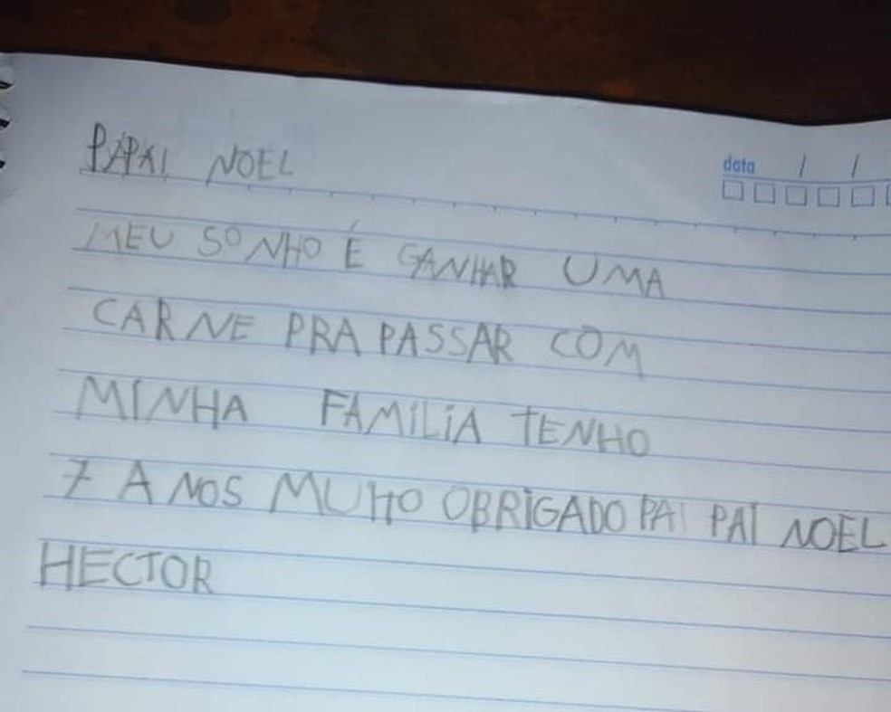 Menino de 7 anos pede carne em carta ao Papai Noel
