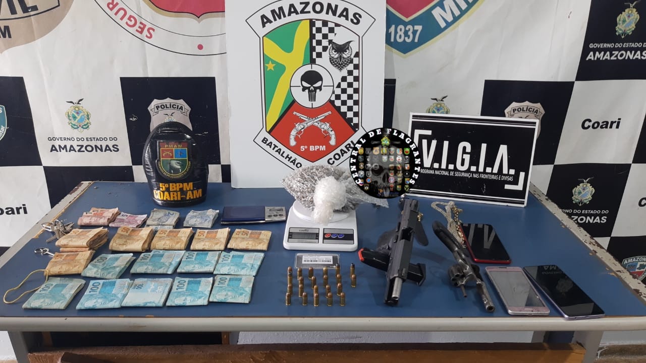 Trio é preso com armas, drogas e mais de R$ 14 mil no Amazonas