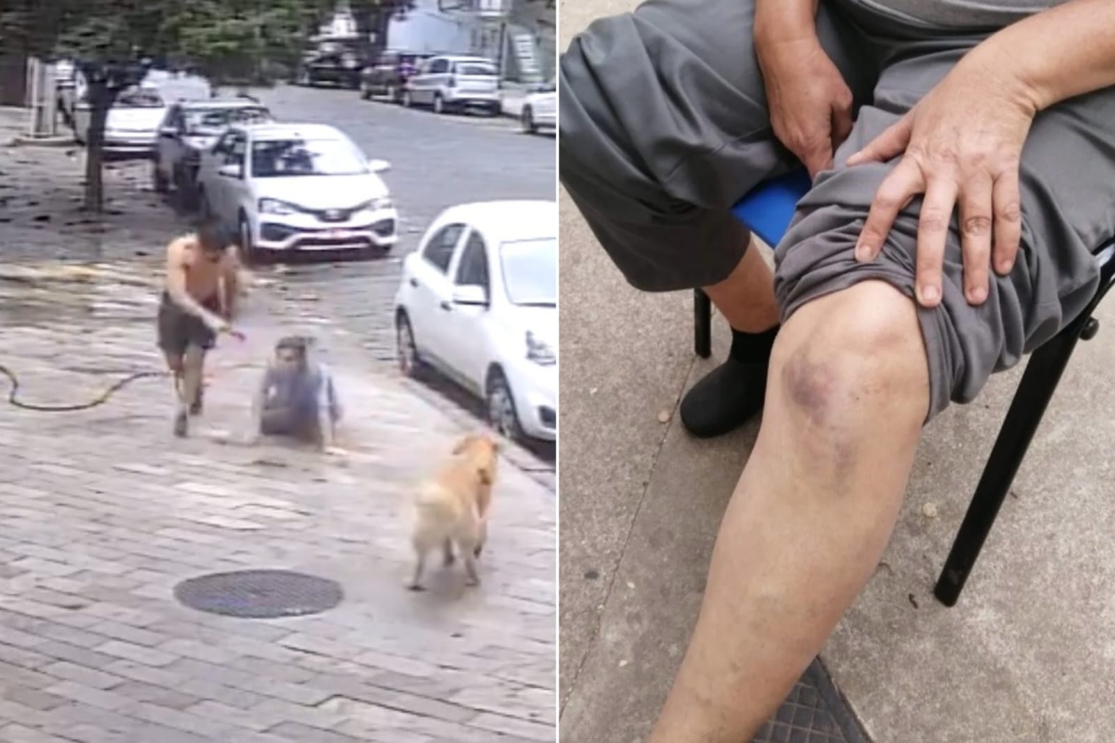 Homem dá empurrão e molha faxineira que lavava calçada; vídeo