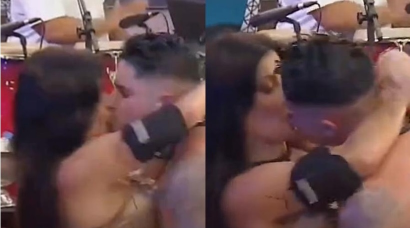 Jaque e Lucas dão beijão durante festa de A Fazenda