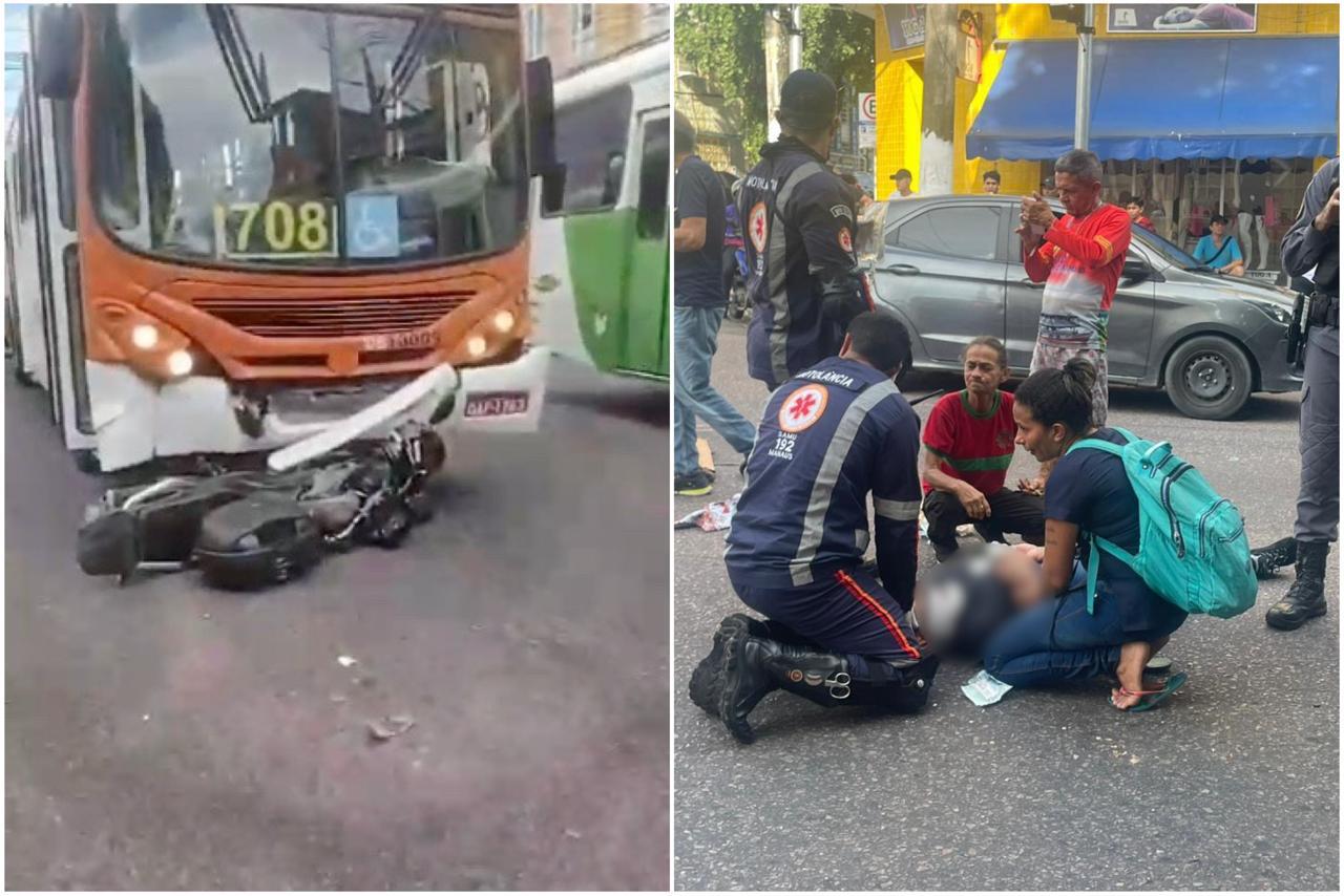 Motociclista tem perna dilacerada em acidente com ônibus no Centro