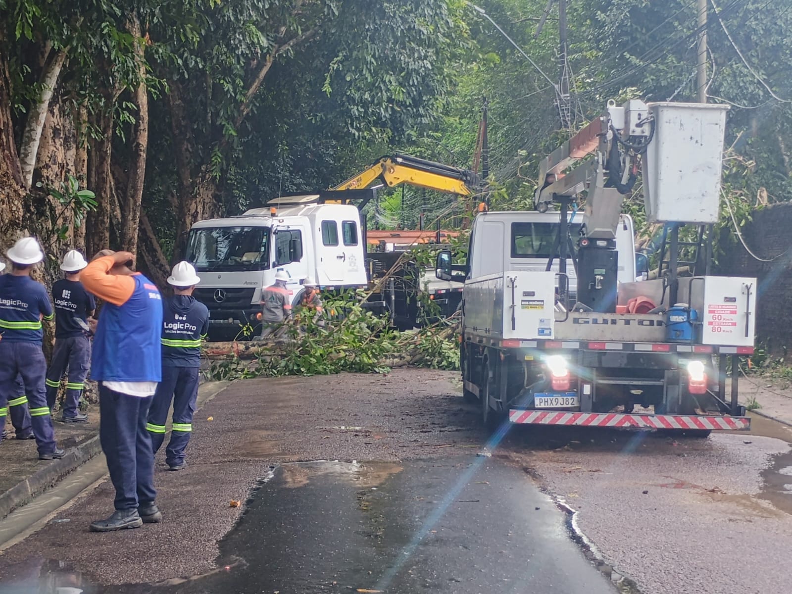 Rua fica bloqueada após galhos caírem de árvores durante chuva em Manaus