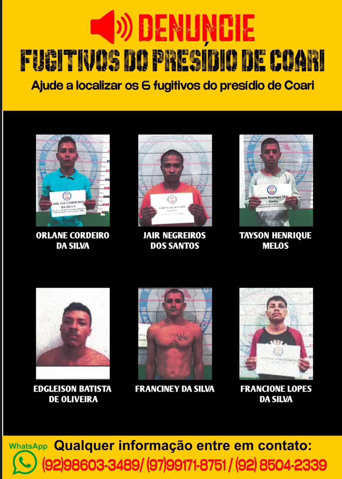 Polícia divulga imagens de detentos que fugiram de presídio em Coari