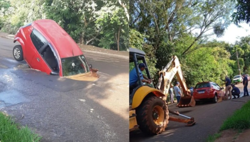 Asfalto cede e carro com pai e filho afunda em buraco 