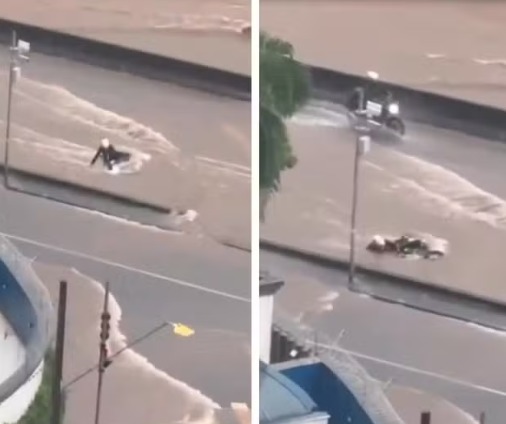 Motociclista é arrastado por enchente em Santo André e socorrido por colega