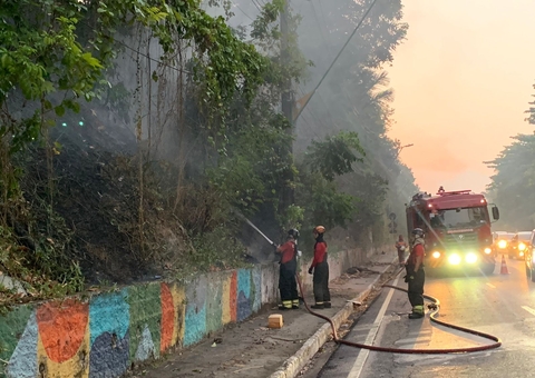 Área de mata pega fogo e trecho é interditado na avenida Mário Ypiranga