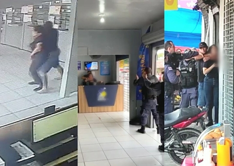 Vídeo mostra momento em que funcionária de loteria é feita refém durante assalto em Manaus