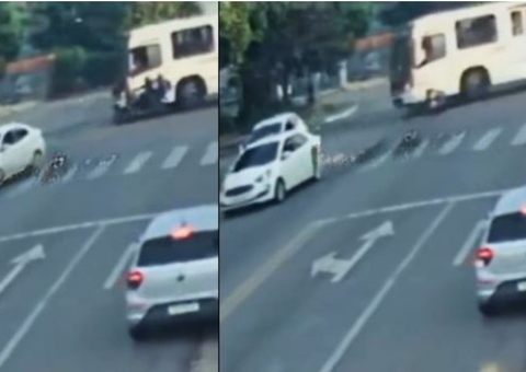 Vídeo mostra acidente em que motociclista de app e passageiro têm pernas esmagadas na Cidade Nova