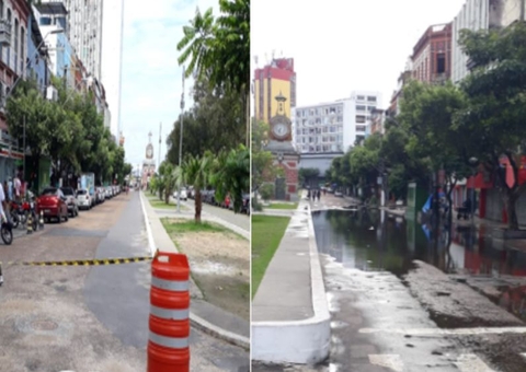 Av. Eduardo Ribeiro é parcialmente interditada com subidas das águas em Manaus
