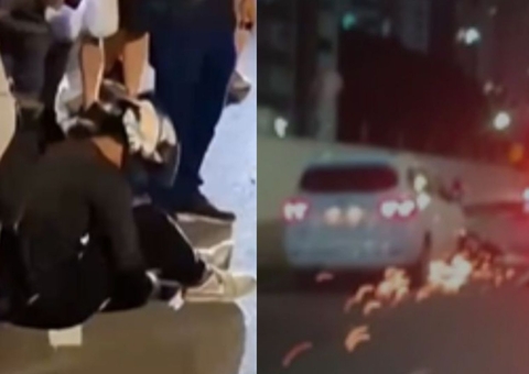 Vídeo mostra entregador chorando após moto ser arrastada por carro em Manaus