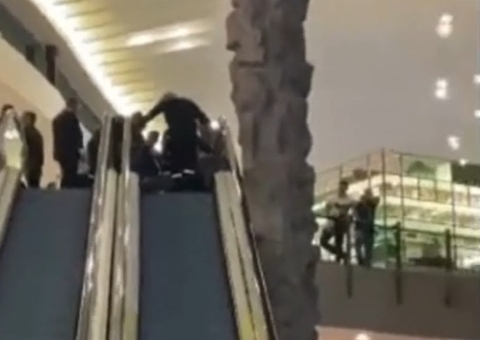 Cachorrinho fica com pata presa em escada rolante de shopping de Manaus