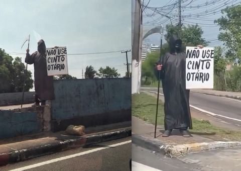 'Morte' usa placa sinistra para incentivar uso do cinto de segurança em Manaus