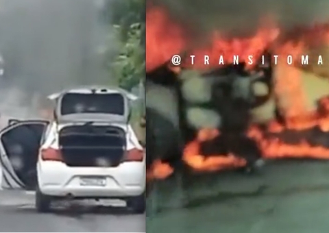 Carro pega fogo e fica destruído na avenida Torquato Tapajós; vídeo
