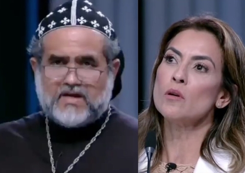 Confronto de Soraya e Padre Kelmon em debate vira meme: ‘padre de festa junina’
