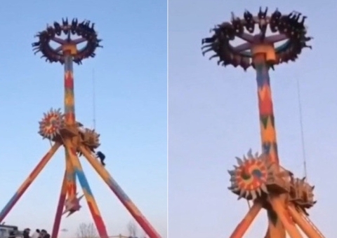 Vídeo: brinquedo de parque quebra e pessoas ficam de cabeça para baixo