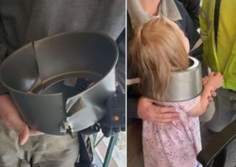 Mãe entra em desespero após filha de 2 anos ficar com cabeça presa em panela
