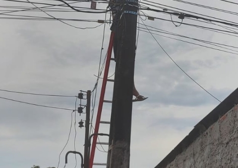 Homem é eletrocutado e fica pendurado em poste de Manaus; imagem forte