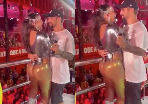 Caio Castro dá beijão em Alinne Rosa em trio no Carnaval; vídeo