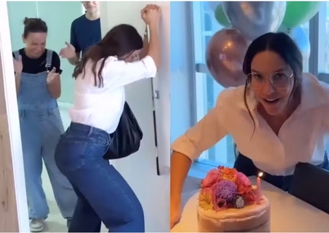 Animada, Ivete Sangalo dança até o chão ao ganhar festa surpresa da equipe 