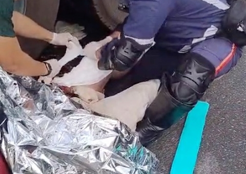 Entregadora tem perna dilacerada ao cair de moto debaixo de carreta em Manaus