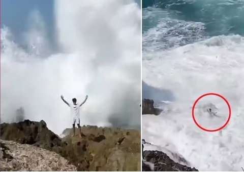 Vídeo: Universitário desaparece após posar para foto e ser arrastado por onda gigante