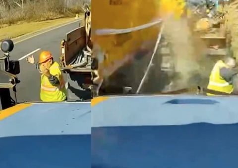 Trabalhador escapa por pouco de ser atropelado por caminhão; veja o momento