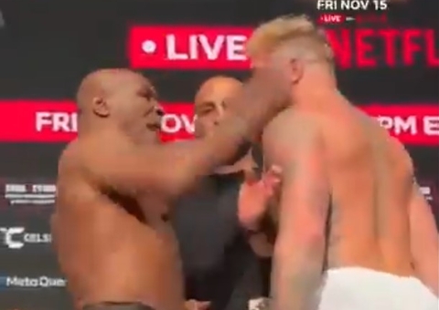 Mike Tyson dá tapa em Jake Paul em pesagem para a luta
