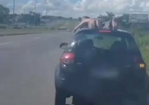 Passageiro pelado em teto de carro e motorista bêbado são presos na BR-153