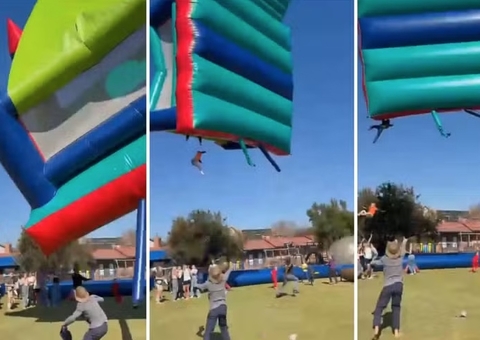 Vento levanta castelo inflável com crianças dentro e duas ficam feridas durante queda; vídeo
