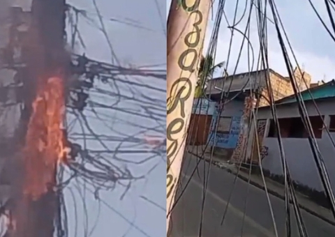 Poste pega fogo e fios de internet deixam morador 'preso' em casa em Manaus