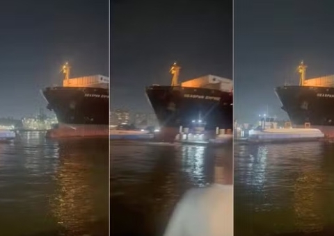 Tripulação se joga no mar após colisão entre navio e balsas em Santos; vídeo