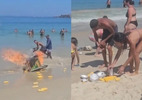 Carrinho de milho explode em Copacabana e reação dos banhistas chama atenção; vídeo